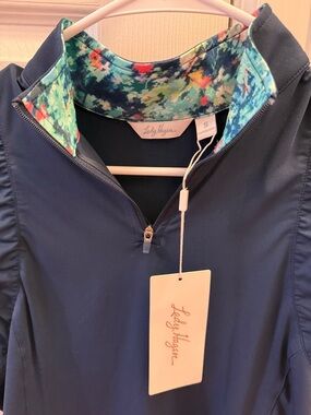 Lady Hagen Navy Quarter-Zip Short Sleeve with Multicolor Floral Inner Collar